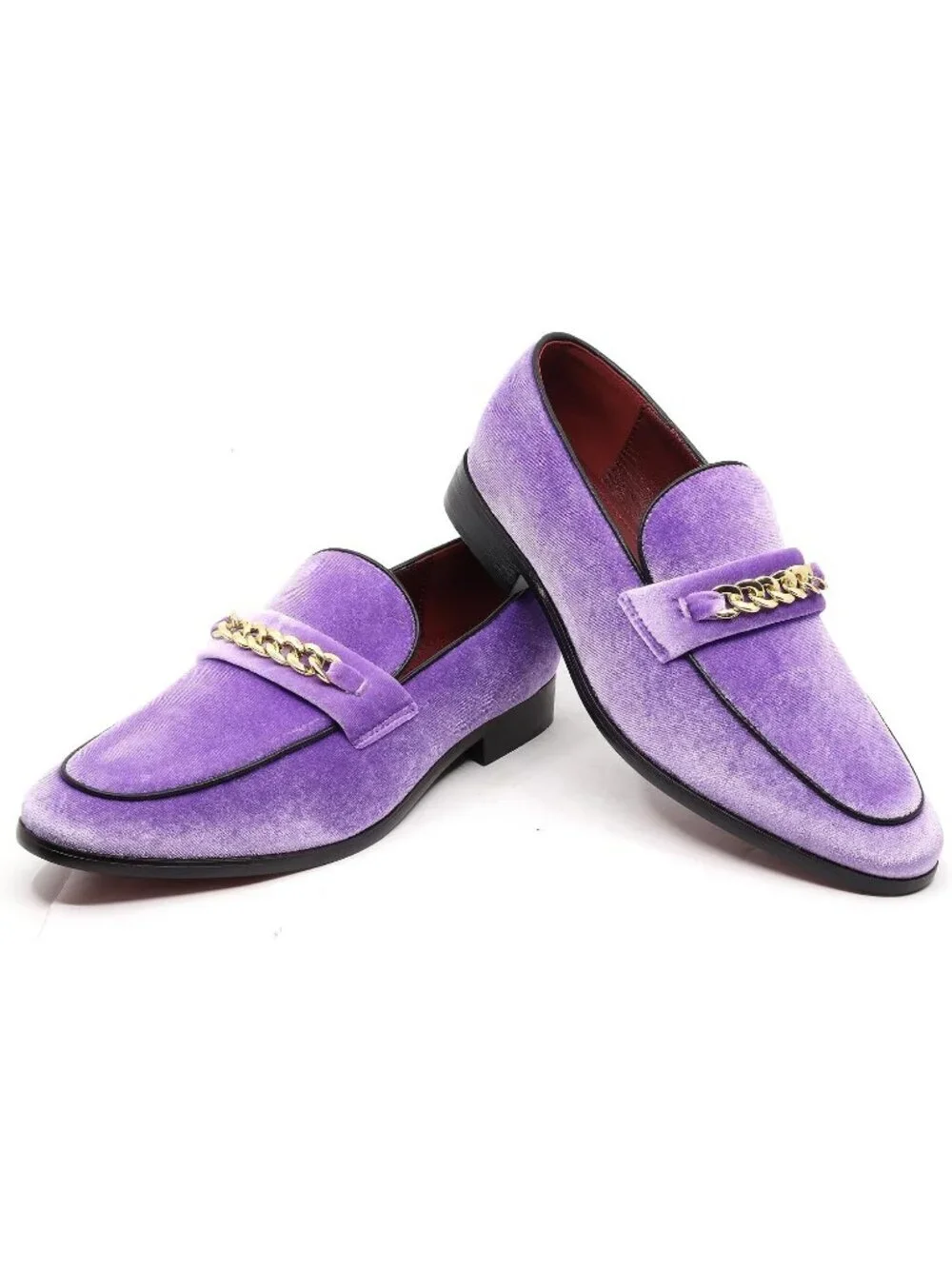 Metrocharm Men's Lavender Vintage Velvet Loafers Gold Chain Buckle Slip On Shoes